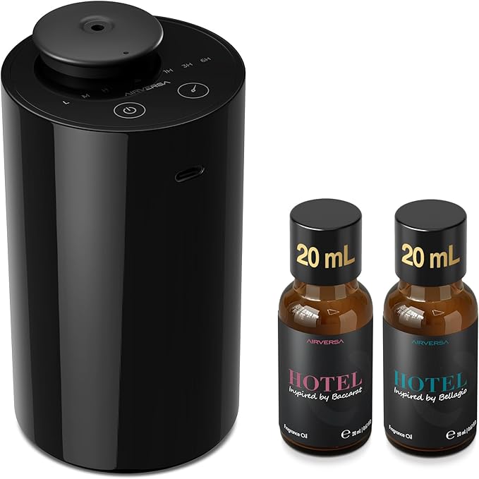 Airversa Waterless Essential Oil Diffuser Starter Kit with 2x20mL Hotel Fragrance Oils, Cordless Nebulizer for Car Home Office, Up to 600 sq ft, Mist/Timer Settings, Baterry Operated, AN6Kit-3, Black