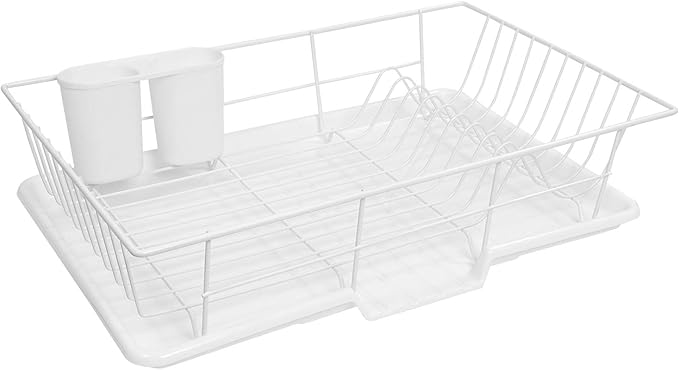 Sweet Home Collection Space-Saving 3-Piece Dish Drainer Rack Set: Efficient Kitchen Organizer for Quick Drying and Storage - Includes Cutlery Holder and Drainboard - Maximize Countertop Space, White