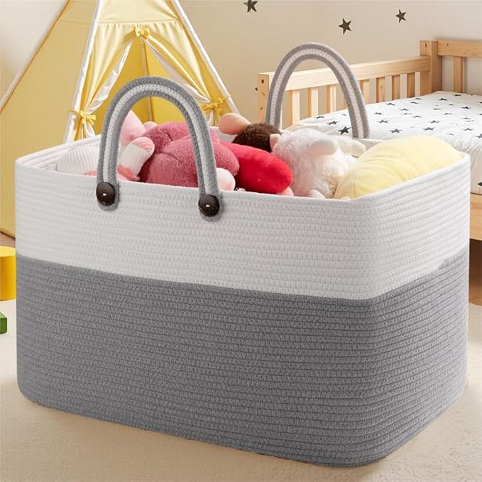 OIAHOMY 95L Large Blanket Basket, 24”x16”x15” Rectangle Woven Baskets For Storage, Nursery Blanket Storage Living Room, Toy Box With Long Handle-Gradient Grey With White