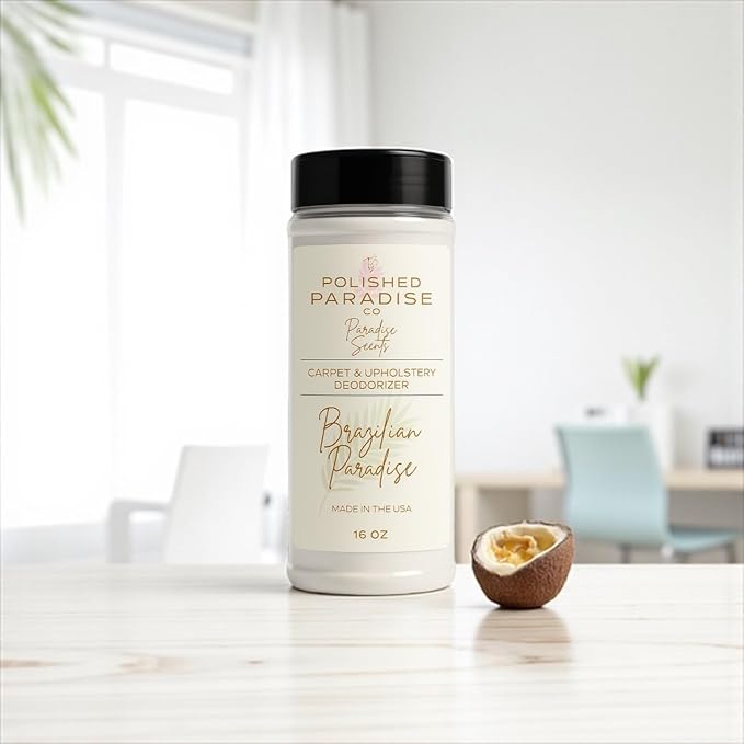 Polished Paradise Co Paradise Scents Carpet and Upholstery Deodorizer, Tropical Scent Powder for Rugs and Textiles, 16 Oz (Brazilian Paradise)