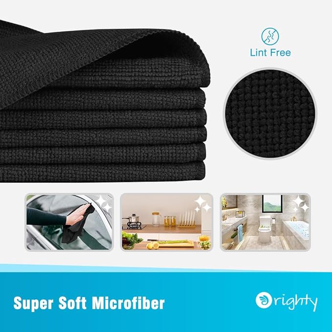 Orighty Black Microfiber Cleaning Cloth, Microfiber Towels for Cars, Highly Absorbent Car Cleaning Supplies, Lint Free Cloths Clean Rags for Car Care, House, Kitchen, 12x11 inch, Pack of 24