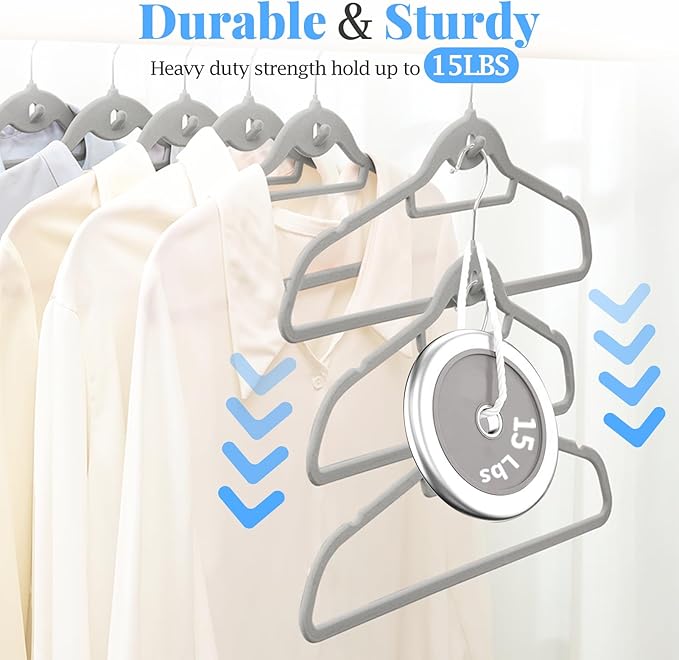 UEAKPIC Velvet Felt Stackable Hangers 50 Pack, Non Slip, with 360° Swivel Hook, Ultra Thin and Space Saving for Suits, Shirts, Coats, 15Lbs Capacity Heavy Duty, Gray