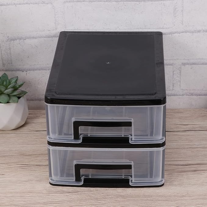 Tofficu Plastic Storage 2 Drawer Storage Tower Multifunctional Storage Cabinet with Clear Drawers Storage Case Organizer for Craft Stationary (2 Layers Black)