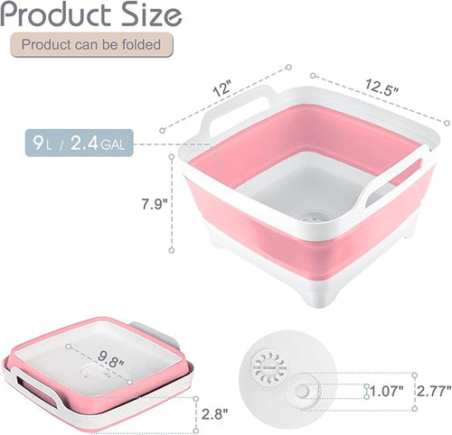 2.4 Gal(9L) Collapsible Dish Basin with Drain Plug, Space Saving Outdoor Multiuse Foldable Sink Tub, Dishpan, Kitchen Storage Tray for Camping, Vegetable Washing, RV (Pink)