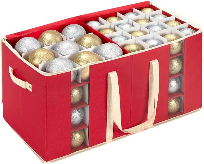 Large Christmas Ornament Storage Box With Adjustable Dividers,Ornament Storage Container with Two Handlesfor 128 Holiday Decorations,Red