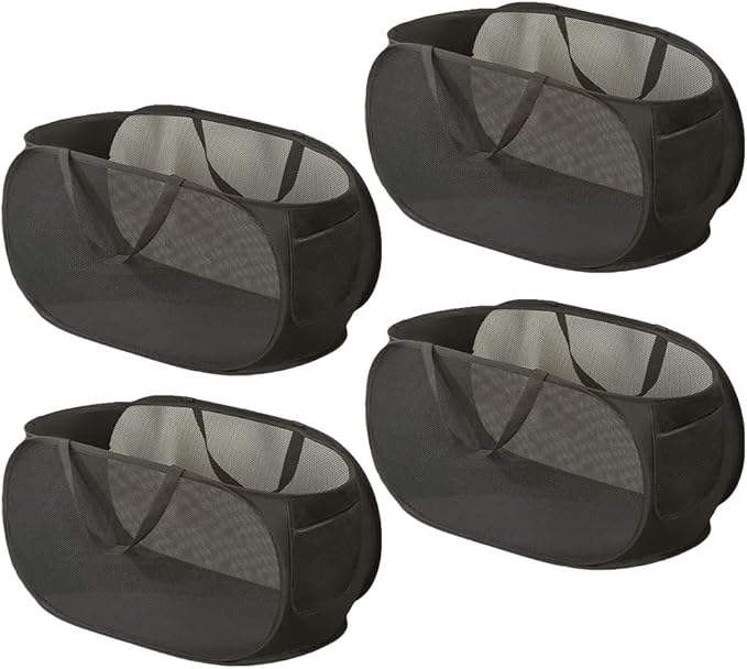 Rubruan 4 Piece Popup Mesh Laundry Basket Durable Handles Collapsible Laundry Baskets Folding Clothes Pastic Hamper for Laundry Room College Dorm (Black)