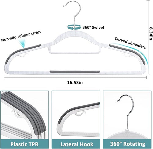 50-Pack Coat Hangers, Space Saving Plastic Clothes Hangers, Non-Slip, 0.2 Inches Slim, 16.53 Inches Wide, 360° Swivel Silver Hook for Shirts, Pants & Wet/Dry Garments, White and Dark Gray