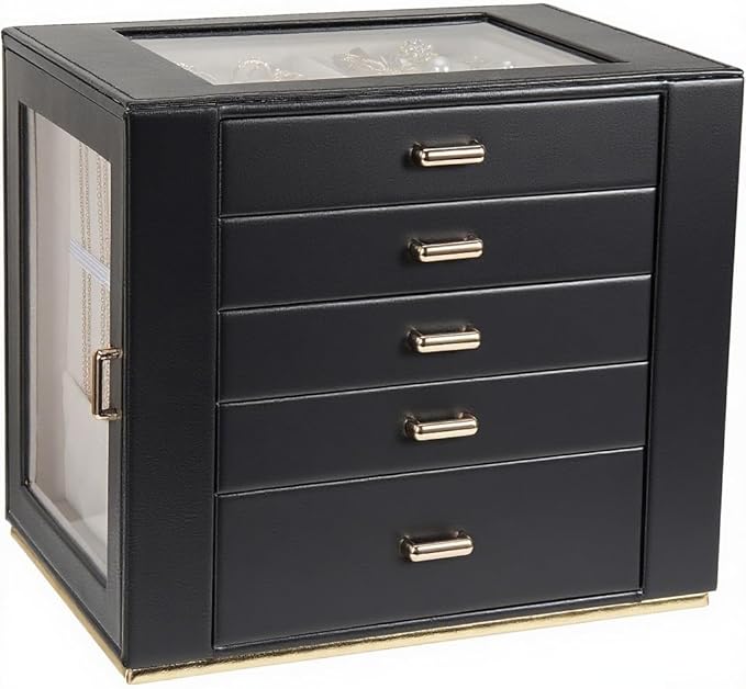 Large Jewelry Box Organizer with Glass Lid, Functional PU Leather 5-Layer Jewelry Storage Case for Women Girls Ring Necklace Earring Bracelet Jewelry Holder Organizer 5 Drawers (Black)