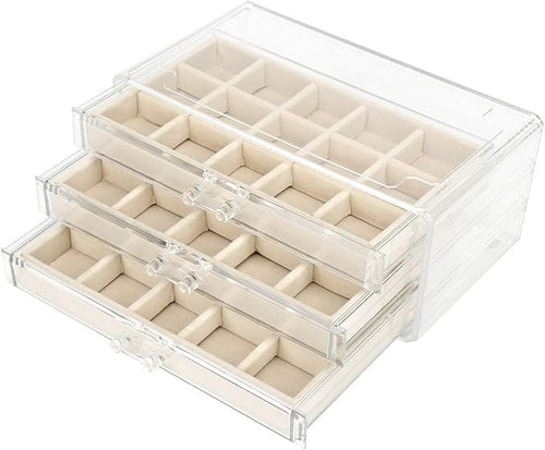 Acrylic Jewelry Organizer Makeup Cosmetic Storage Organizer box Clear Jewelry Case with 3 Drawers Adjustable Jewelry Box Velvet Trays grid size