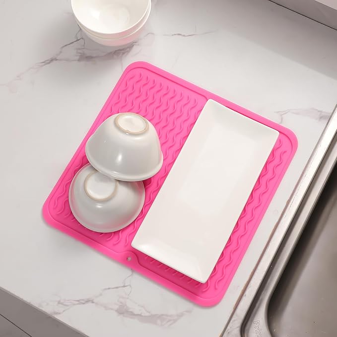 MicoYang Silicone Dish Drying Mat for Multiple Usage,Easy clean,Eco-friendly,Heat-resistant Silicone Mat for Kitchen Counter or Sink,Refrigerator or Drawer liner Rose M 12 inches x 12 inches