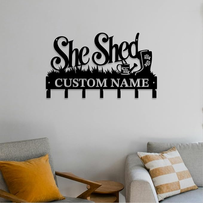 Personalized She Shed Metal Keys Hooks,Custom Name Metal She Shed Keys Hooks,Black Metal She Shed Wall Home Storage Decorative Keys Hooks,Key Holder Hooks for Wall (Style G)