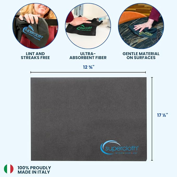 Supercloth® Premium Microfiber Cleaning Cloth for All-Purpose, Lasts Over 5 YEARS, Glasses Cleaning Cloth, Microfiber Cleaning Cloth for Cars, Magic Reusable Cloth Streak-Free 100% Made in Italy (3pk)