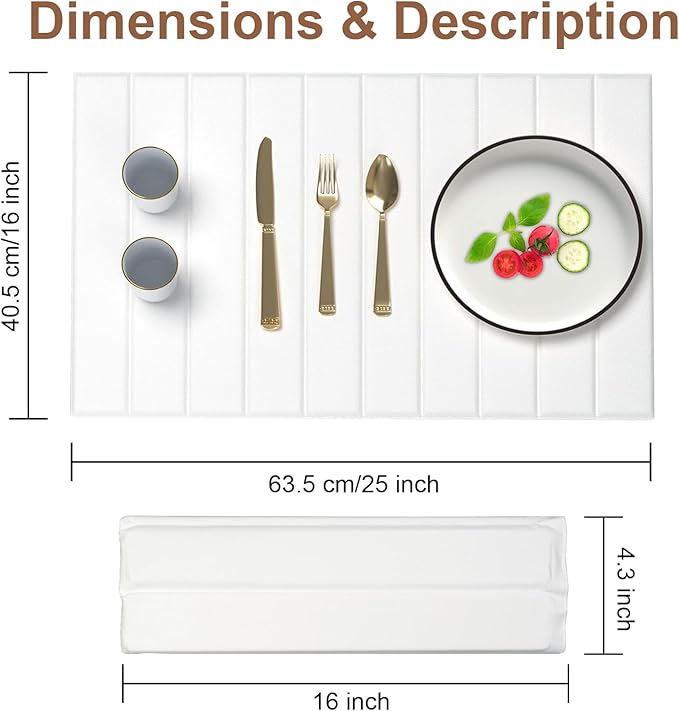 Large Stone Drying Mat for Kitchen Counter with PU Leather, Quick Drying Collapsible Dish Drying Mats,25"(L)×16"(W) Absorbent Diatomaceous Earth Mats for Dishes Bottles Cups,Match Any Countertop