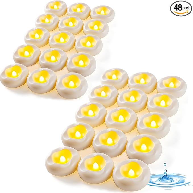 48-Pack 2” Floating Candle, 200 Hour Water Activated Warm White Battery Powered Flameless LED Floating Candle Floating for centerpieces/Bathtub/Pool/Fountain
