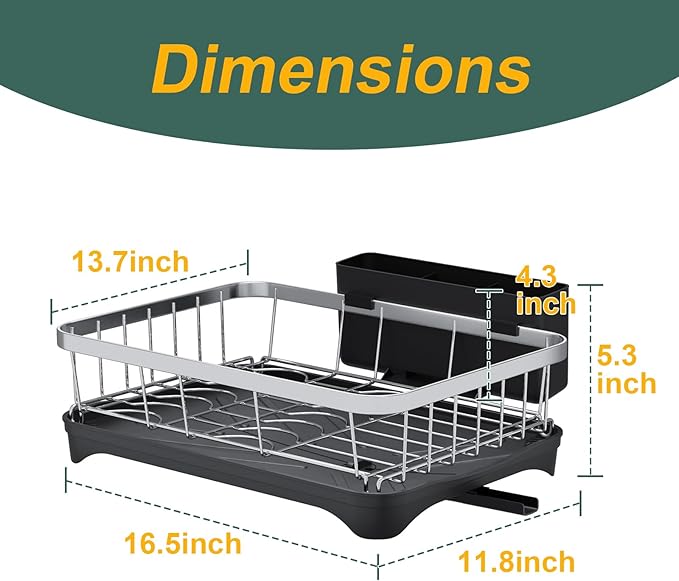 LIYI Dish Rack for Kitchen Counter,Stainless Steel Drying Rack,304 Stainless Steel with Drainage Plate,Large Capacity Utensil Storage System,Intelligent Drainage and Deflector Structure,Black