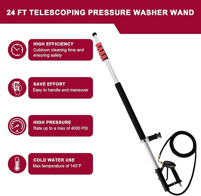 Carivia 24 FT Telescoping Pressure Washer Wand with Pressure Washer Extension Wand,Brush Head,Gutter Cleaner Attachment and Support Belt,Pressure Washer Extension Pole for Wall Roof Gutter