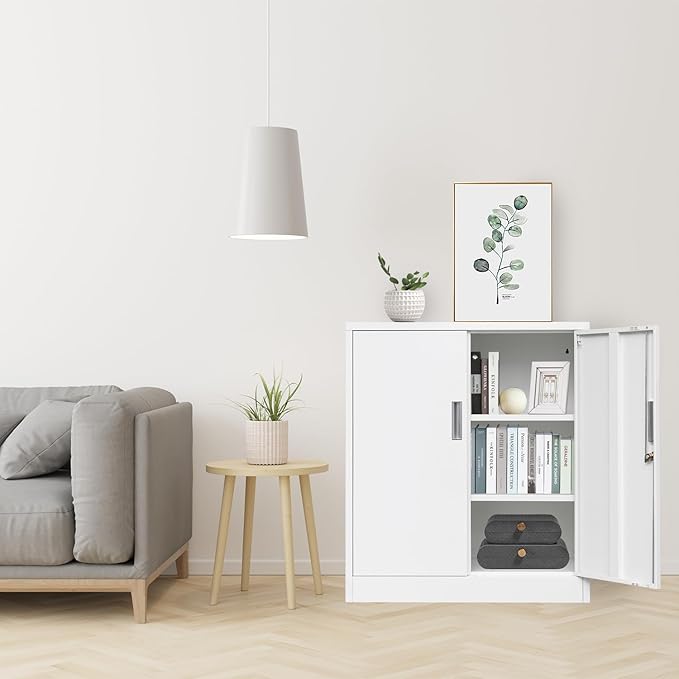 CJF Pantry Cabinet, Metal Storage Cabinets with Shelves and Doors, Steel Locking Cabinet for Kitchen Storage, Home Office, Garage, Utility Room and Basement, 36.2" H x 31.5" W x 15.7" D (White)