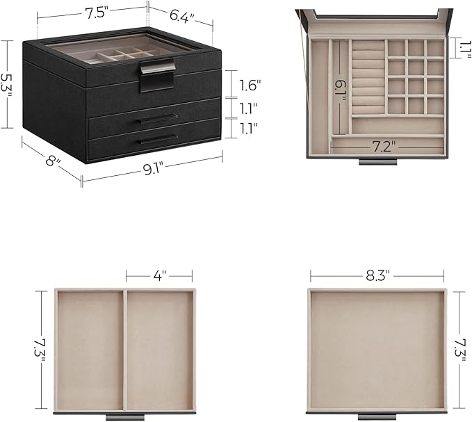 SONGMICS Jewelry Box Organizer with Glass Lid, 3-Layer Jewelry Storage, with 2 Drawers, Modern Style, 8 x 9.1 x 5.3 Inches, Graphite Black and Silver UJBC239BK