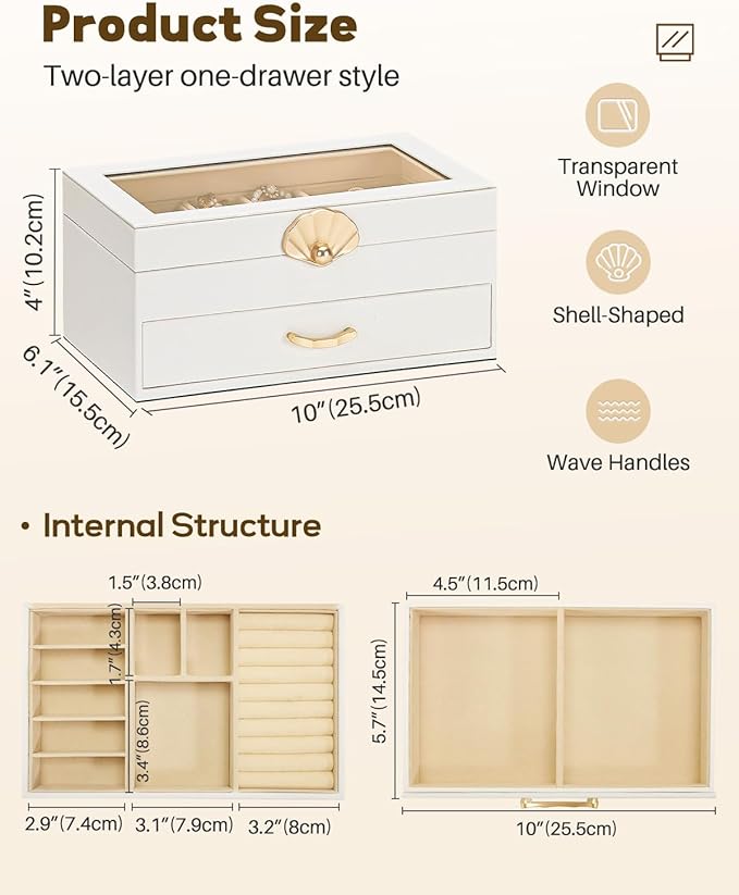 Jewelry Box with 1 Drawers: Display Organizer for Earrings Necklaces - Christmas Gifts for Girls Women (White)