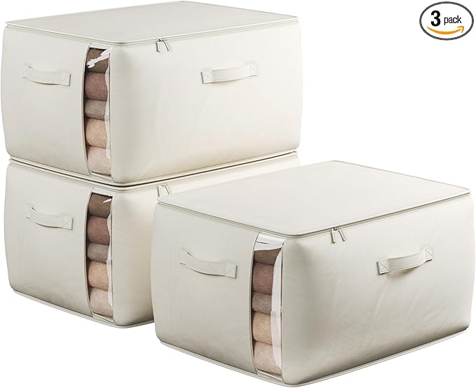 Large Canvas Clothes Storage Bags with Thick Handles and Clear Window, Foldable Cotton Linen Closet Organizer for Clothing, Blankets and Bedding, 70L, 3 Pack, Beige