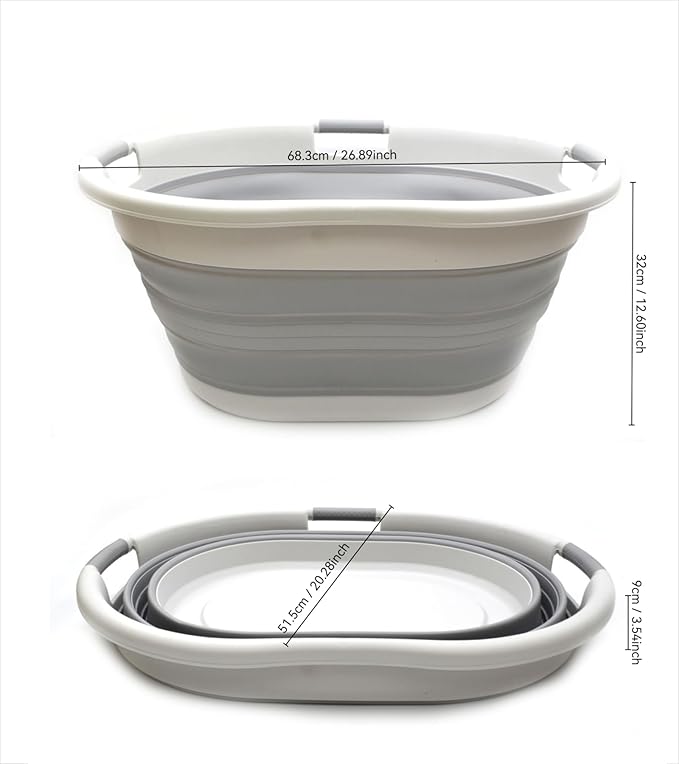 SAMMART 57L (15 Gallons) Collapsible 3-Handled Plastic Laundry Basket - Oval Tub - Portable Washing Tub-Space Saving Laundry Hamper, Water Capacity 44L / 11.6 Gallon (2, Grey/Grey)