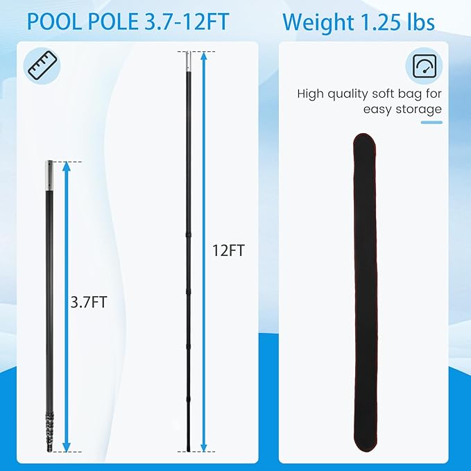 Pool Pole Carbon Fiber, Premium12FT Pool Pole Telescopic 3.7 to 12 FT, Adjustable 4 Piece Extendable Pool Cleaning Pole, Professional Pool Pole fit for Brushes, Vacuum, Nets, Skimmers