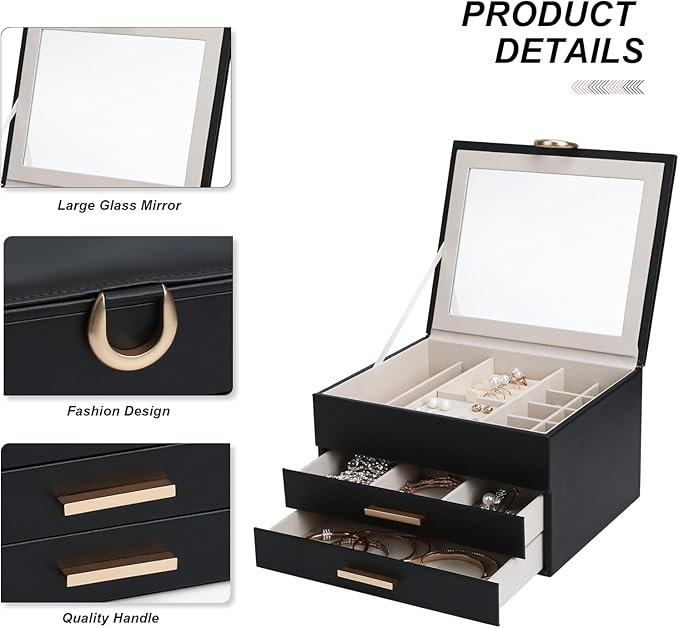 Women's Luxury Jewelry Armoire with Mirror - Compact 2-Drawer Chest with Ring Rolls & Necklace Hooks, Ideal Gift for Women Black