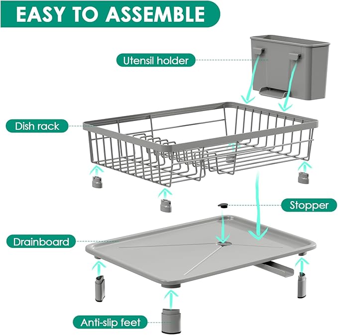 GAOKASE Dish Drying Rack, Space-Saving Dish Rack, Dish Racks for Kitchen Counter, Kitchen Dish Drainers with Removable Utensil Holder,Plate Rack and Drainboard, 11''W x 15''L, Gray