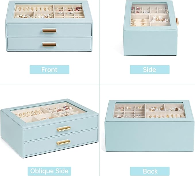AKOZLIN Jewelry Box with Clear Lid Functional Leather Jewelry Storage Organizer Case 2 Drawers for Women Girls Necklace Ring Bracelet Earring
