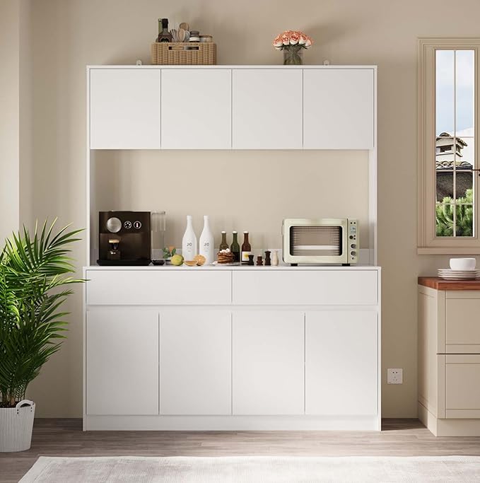 71" Kitchen Pantry Cabinet, Kitchen Hutch with Microwave Stand, Buffet Cabinet with Large Storage Drawers for Dining Room (White)