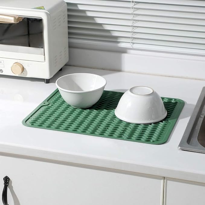 MicoYang Silicone Dish Drying Mat for Multiple Usage,Easy clean,Eco-friendly,Heat-resistant Silicone Mat for Kitchen Counter or Sink,Refrigerator or drawer liner Green L 16 inches x 12 inches