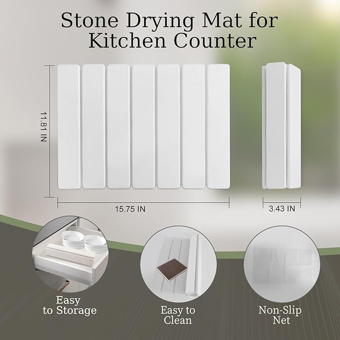 Hopegiver Stone Drying Mat for Kitchen Counter, 16"x12" Foldable Quick Dry Stone Mat Kitchen, Diatomaceous Earth Absorbent Dish Drying Mat for Countertop Sink Bathroom, White with Sanding Block
