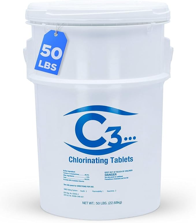 C3… 50 lbs. 3" Stabilized Chlorine Tabs for Swimming Pools | Easy to Use for Above Ground or Inground Pool | Slow Dissolving Individual Chlorinating Tablets | 50 Pound Bucket