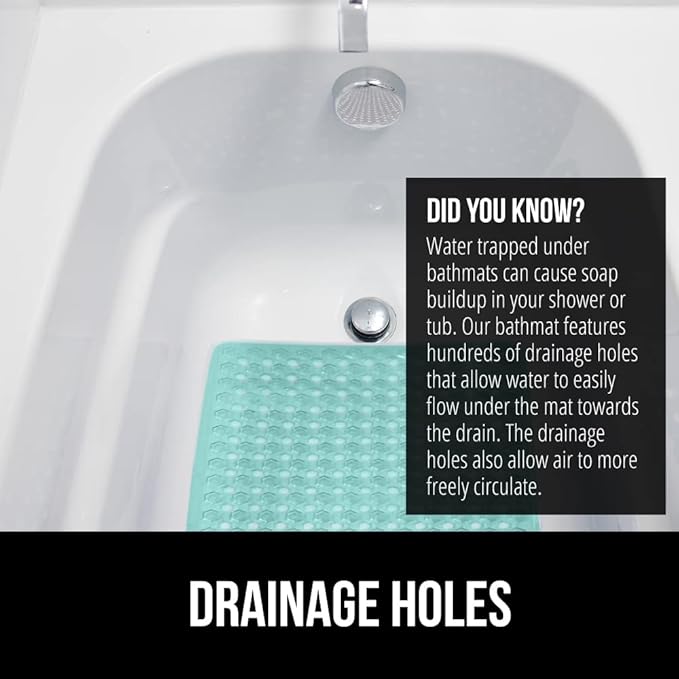GORILLA GRIP Patented Bath Tub Shower Mat, Machine Washable Bathtub Floor Liner Mats, Suction Cups and Drain Holes to Keep Tubs Clean, Soft on Feet, Bathroom Essentials, 35x16 Inch, Clear Green