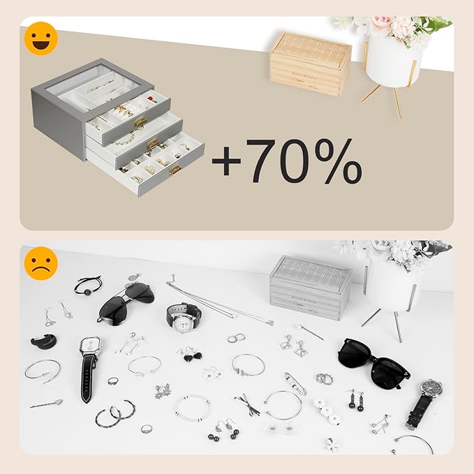 Jewelry Box Organizer with 3 Drawers,Glass Lid Jewelry Boxes for Women,Jewelry Storage for Rings,Necklaces,Earrings,Bracelets,Interesting Gift,Gray