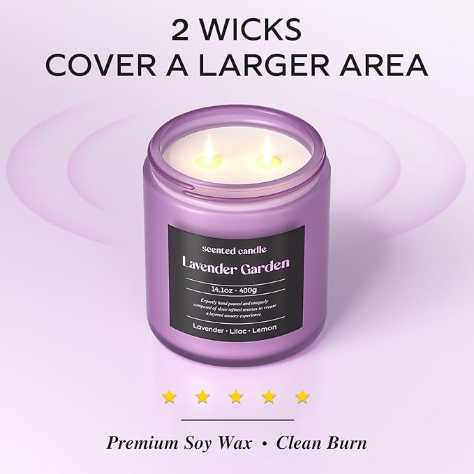 Lavender Candle, 14.1 oz Scented Candles for Home, 2 Wicks Blended Scents Aromatherapy Candles for Women and Men, Birthday Gifts for Women (Lavender+Lilac+Lemon)
