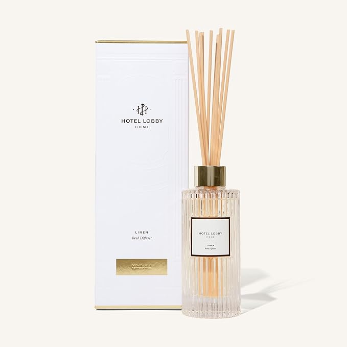 Hotel Lobby Candle Linen Reed Diffuser – Long Lasting – Pink Pepper, Linen, Sandalwood, Iris & Vetiver – Refillable Glass Vessel – 9 Diffuser Reeds – Made in USA – 5.0 fl oz (150ml), 10 ¾” H