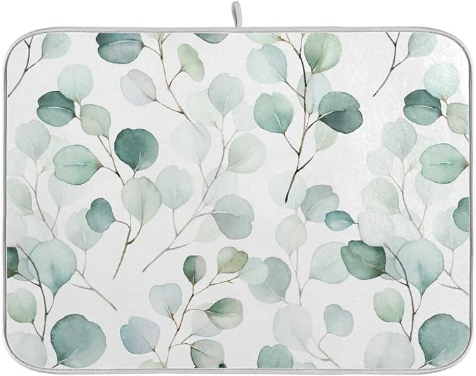 Green Leaves Dish Drying Mat 18x24 for Kitchen Counter Watercolor Herbs Women Pioneer Kitchen Drying Mats Dishes Pad Absorbent Fast Dry Dish Draining Mats Large Kitchen Accessories