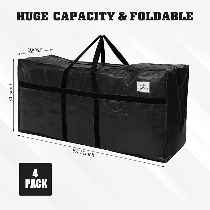 Windyun 4 Pack 177 Gallon Extra Large Moving Bags XXL Heavy Duty Storage Bag with Strong Zipper Handle Jumbo Big Tote Box Foldable for College Dorm Travel Clothes Duffle Blanket Pillow(Black)