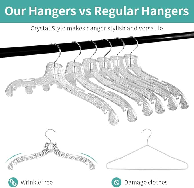 Crystal Clear Plastic Hangers - 20 Pack, Non-Slip, Heavy Duty, Open Notch Shirt & Dress Hangers with Diamond Crystal Cut Pattern