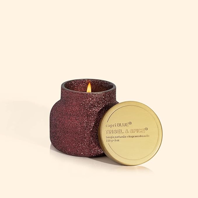 Capri Blue Petite Glam Jar Candle - Long Lasting Soy Wax Blend - Glitter Candles for Home Scented with Luxury Holiday Scents - Notes of Juniper Berry, Cinnamon & Vanilla (Tinsel & Spice, 8 oz)