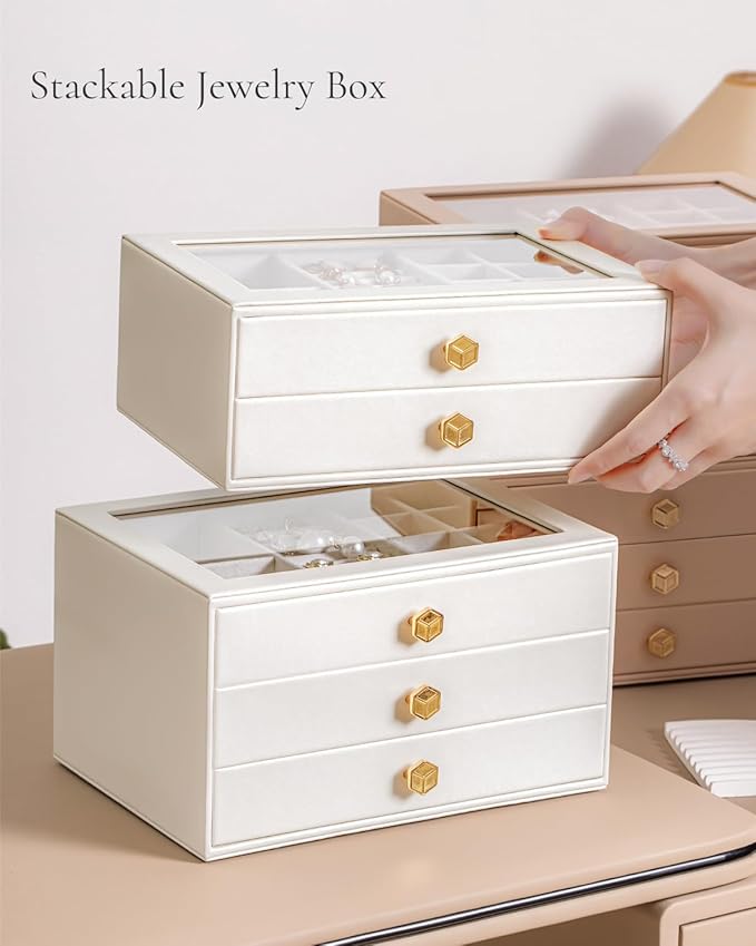 CASEGRACE Jewelry Box for Women with Glass Lid - Leather Jewelry Storage Organizer 2 Drawers for Necklaces, Rings, Earrings & Bracelets, Ideal Gift (White, 2 Layer)