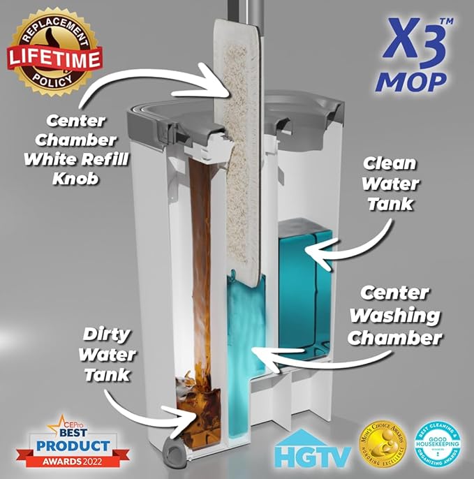 X3 Mop, Separates Dirty and Clean Water, 3-Chamber Design, Flat Mop and Bucket Set, Hands Free Home Floor Cleaning, 3 Reusable Microfiber Mop Pads Included (Original X3 Mop)