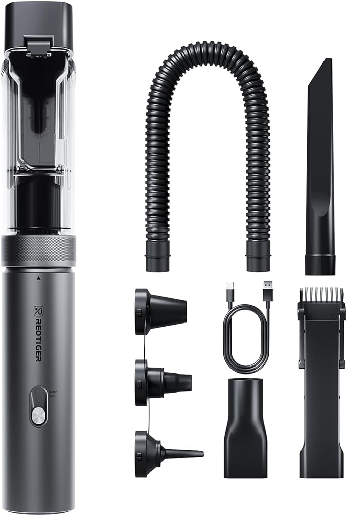 REDTIGER Car Vacuum Cordless, 21000PA Portable Handheld Vacuum Up to 70 Mins Runtime, 3.5H USB-C Fast Charge, Lightweight 4 in1 Mini Hand Held Cleaner Power for Car Home Outdoor Camp Pet Food Black