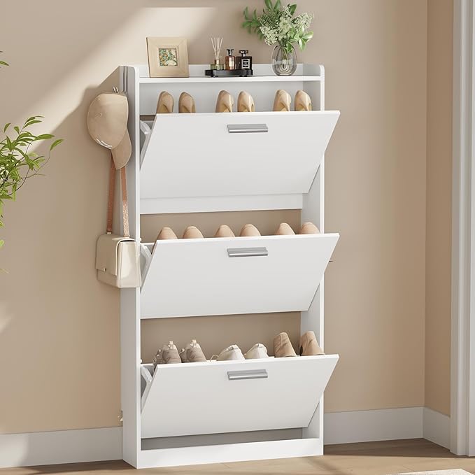 Shoe Cabinet Organizer with 3 Flip Drawers，Freestanding Shoe Rack Cabinet，Narrow Shoe Cabinet Storage for entryway，Foyer, Hallway, White, 23.6" W × 6.3" D × 47.2" H