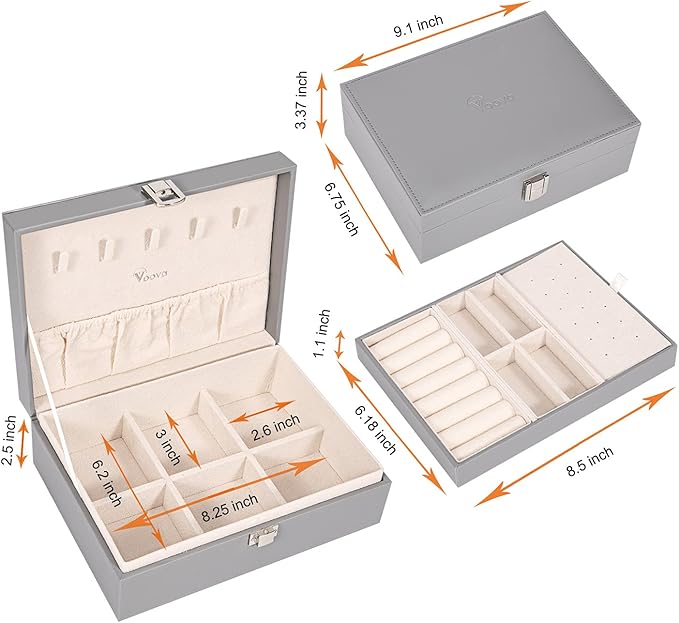 Voova Jewelry Box Organizer for Women Girls,2 Layer Large Men Jewelry Storage Case, PU Leather Display Jewellery Holder with Removable Tray for Necklace Earrings Rings, Grey