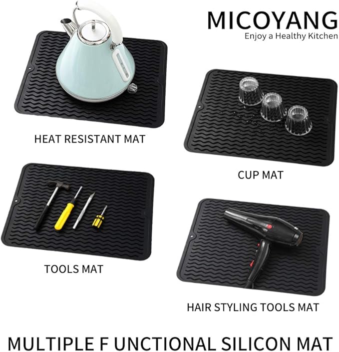 MicoYang Silicone Dish Drying Mat for Multiple Usage,Easy clean,Eco-friendly,Heat-resistant Silicone Mat for Kitchen Counter or Sink,Refrigerator or drawer liner Black L 16 inches x 12 inches