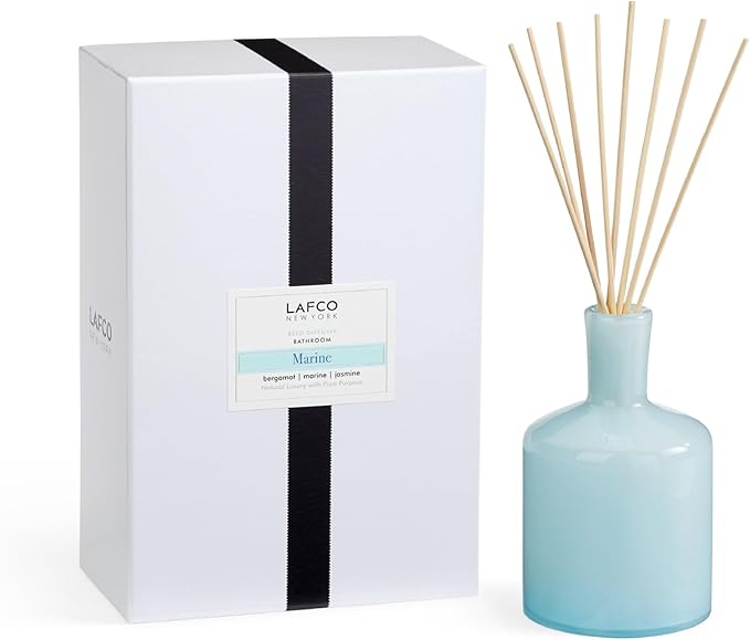 LAFCO New York Signature Reed Diffuser, Marine - 15 oz - Up to 9 Months Fragrance Life - Reusable, Hand Blown Glass Vessel - Natural Wood Reeds - Made in The USA