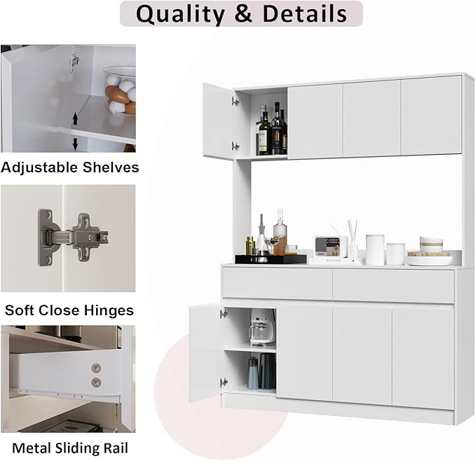 Kitchen Hutch Storage Cabinet, 63" W Large Pantry Cabinets with Microwave Oven Countertop, Freestanding Kitchen Pantry Storage Cabinet with 4 Doors, 2 Drawers and 7 Shelves, White