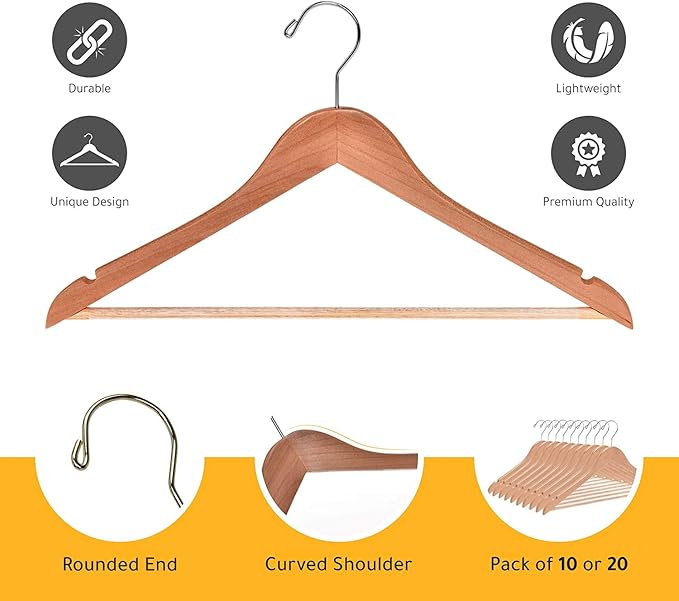 Quality Wooden Hangers - Slightly Curved, Heavy-Duty Coat Hangers with Stylish Chrome Hooks - Natural, 80 Pack Sets